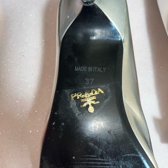 Prada patten silver leather kitten heels with black leather bow size 6.5 US - Picture 9 of 14